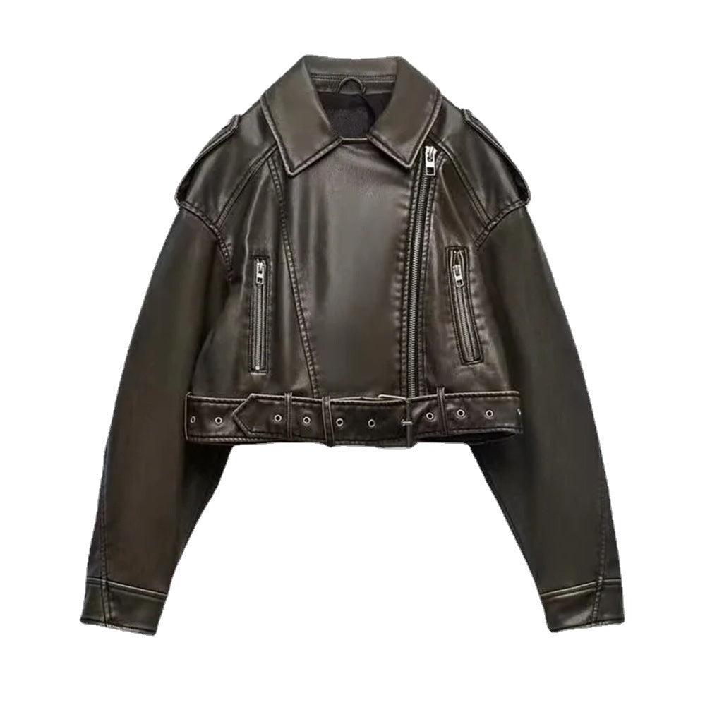 Washed Faux Leather Short Zipper Fashion Jacket - amazitshop
