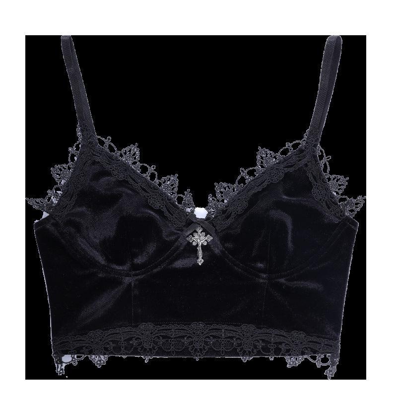 Velvet Y2K Mall Goth Crop Tops Black Lace Trim Emo - amazitshop