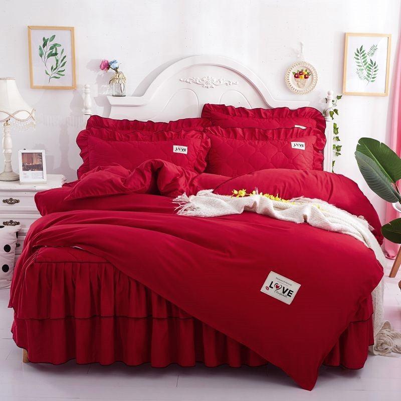 Full Set Of Quilted Fall Winter Bed Skirt Bedspread Bed Sheet Princess Bedspread Plus Quilt Cover - amazitshop