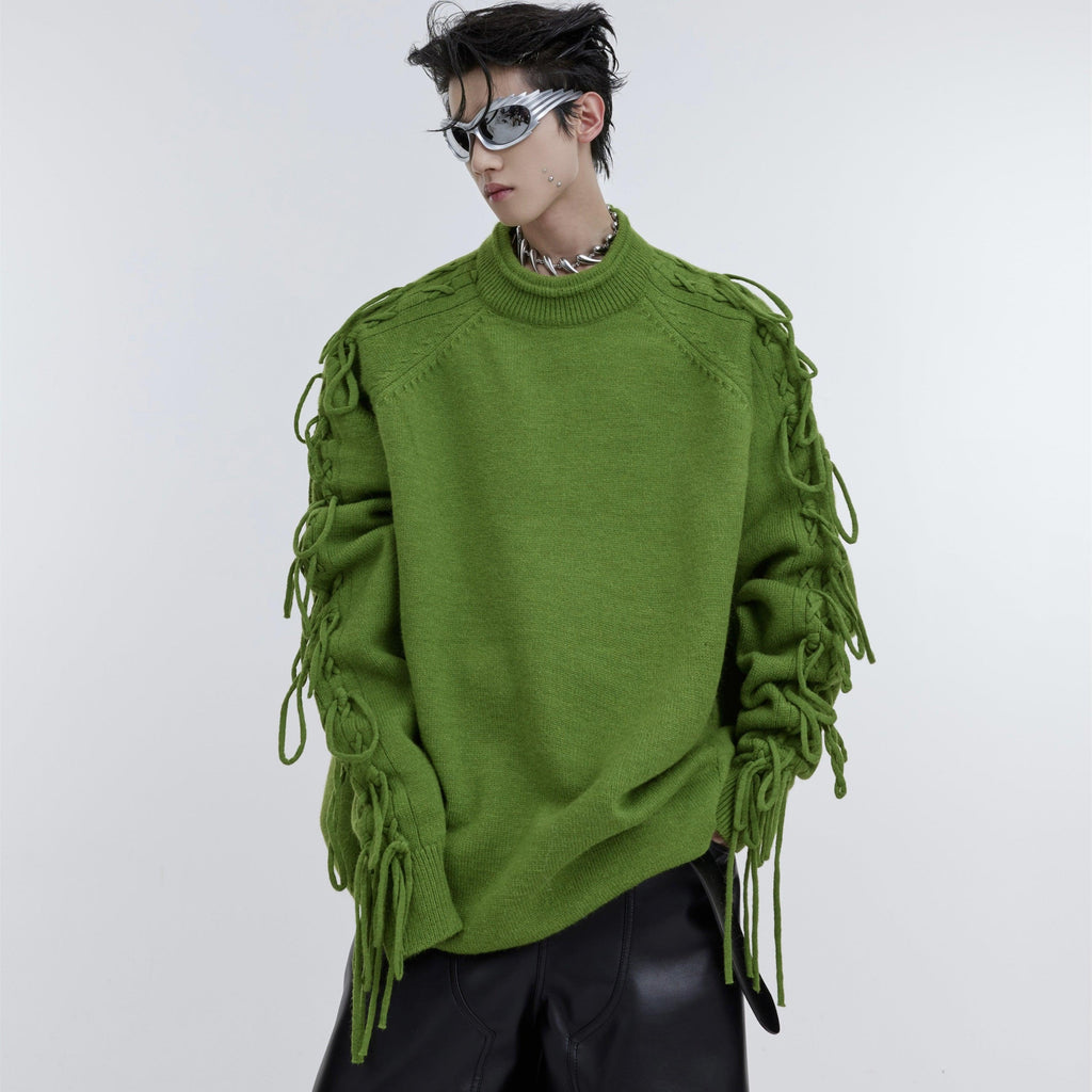 Deconstructed Fringe Design Crease Crease Neck Knit Sweater - amazitshop