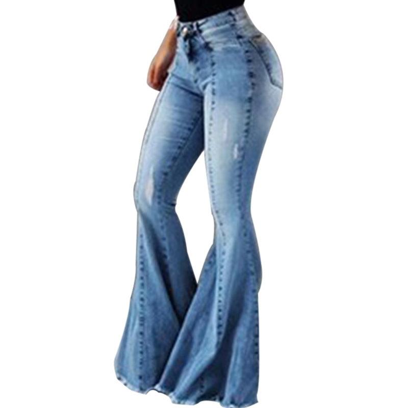 Elastic High Waist Ripped Denim Bell-bottom Pants Women - amazitshop