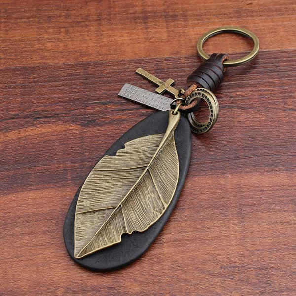 Pure Handmade Cowhide Leaf Keychain Retro Creative - amazitshop