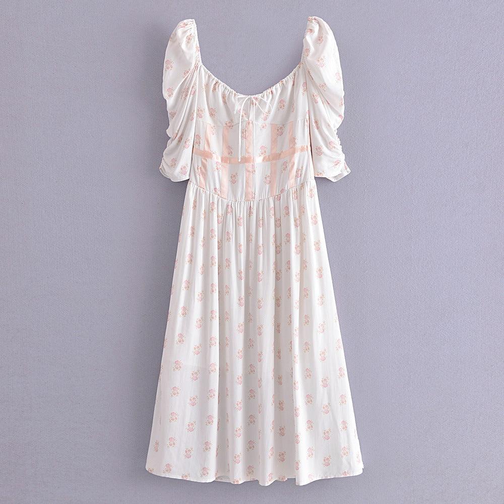 Summer Romantic French Floral Printed Square Collar Puff Sleeve Side Split Dress Temperament Bandage - amazitshop