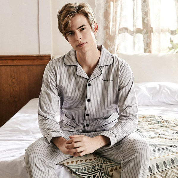 Men's Vertical Stripe Cotton Large Size Lapel Cardigan Long Sleeve Pajamas - amazitshop