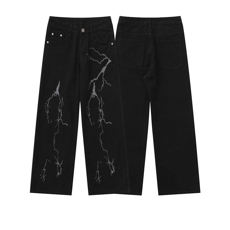 Printed Black Denim Wide-leg Straight Pants - amazitshop