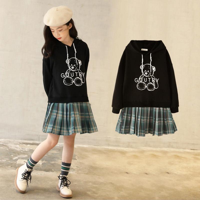 Hooded Sweater Dress Cartoon Print Casual Dress With Pleated - amazitshop