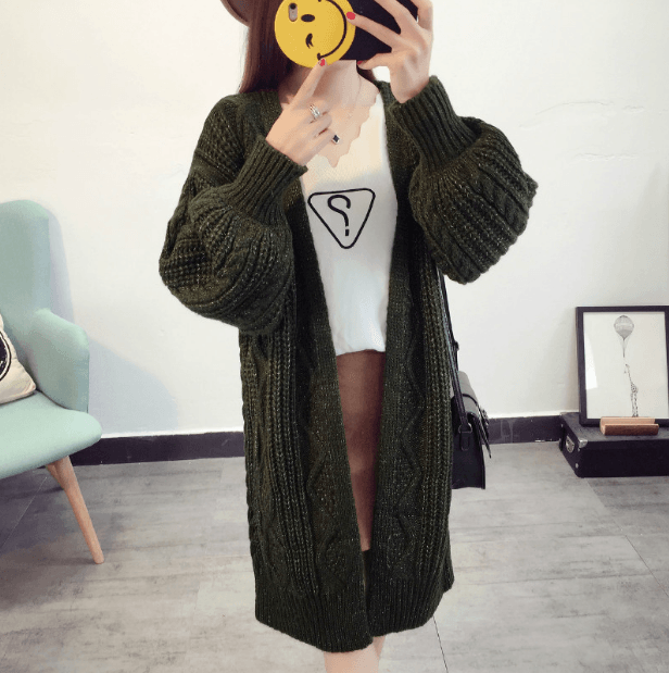 Winter Autumn Long Female Cardigans Latern Sleeve Casual Knitted Poncho Sweaters - amazitshop