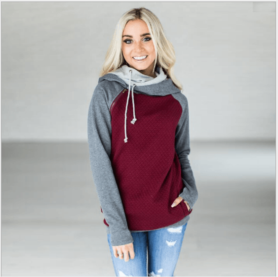 Fall / Winter Hot Sale Foreign Trade Oblique Zipper Double Cap Splicing Hoodie Sweater Plaid Coat 0591 - amazitshop