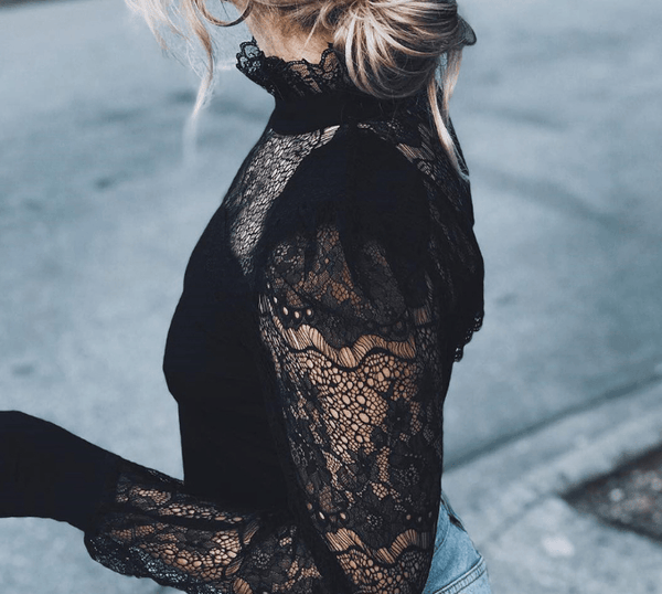 Fashion Casual Women's Ladies Blouses Long Sleeves Sheer Tops Floral Lace Blouse Shirt Top Blouse Black Clothing Turtleneck - amazitshop