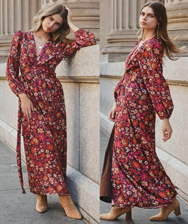 Women's Printed Long Sleeve Kimono Long Dress