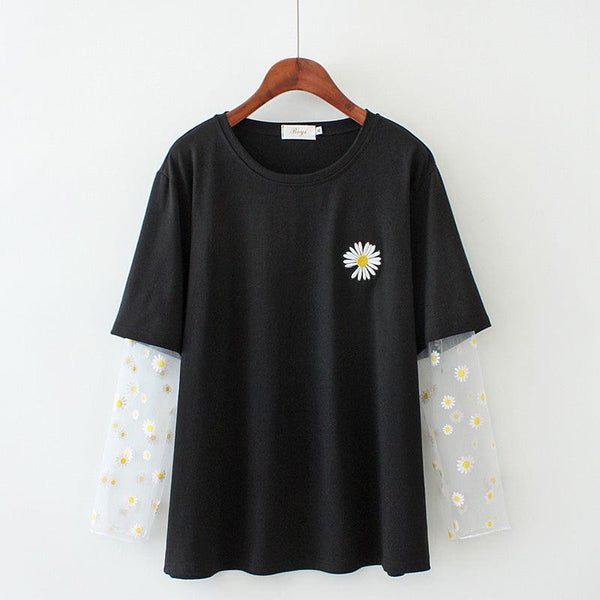 Embroidered mesh stitching top T-shirt - amazitshop