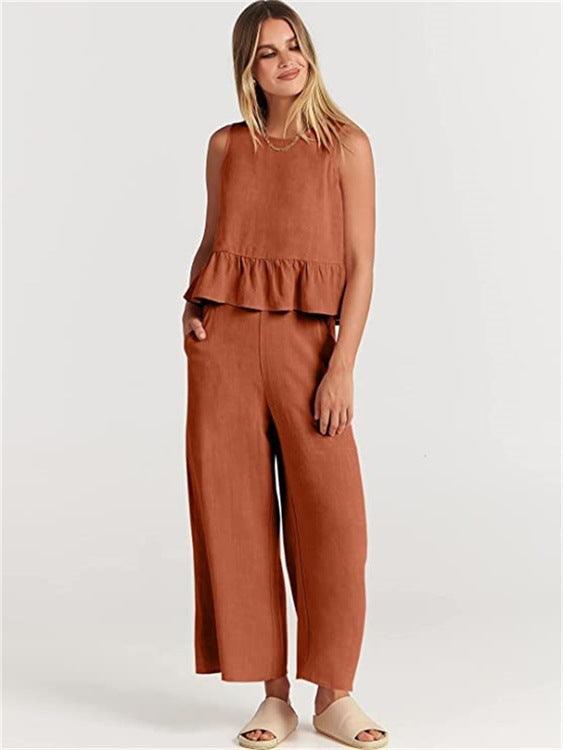 Casual Suit Summer Sleeveless Pleated Vest And Wide-leg Cropped Pants Fashion Two Piece Sets Women - amazitshop