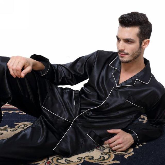 Men's silk satin pajamas suit casual wear - amazitshop