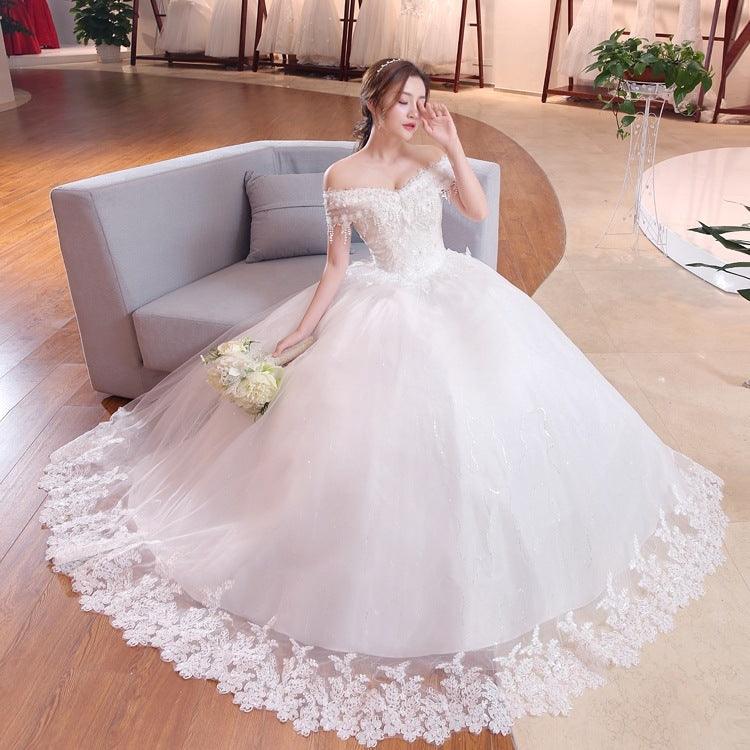 Shoulder-to-shoulder Wedding Dress Bridal Lace Plus Size Thin Shoulder Wedding Dress - amazitshop