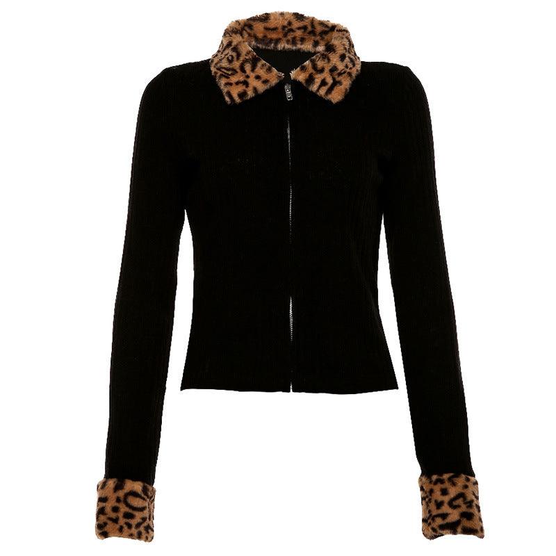 Leopard Women Jackets Female Coat Black Turndown Collar Long Sleeve High-quality Outerwear - amazitshop