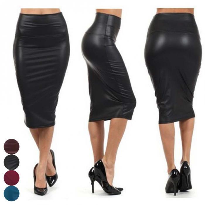 Newly Women High Waist Faux Leather Pencil Skirt Bodycon Skirt Solid Sexy OL Office Skirts - amazitshop