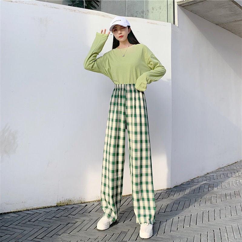 Plaid Wide Leg Pants Women Casual Pants - amazitshop