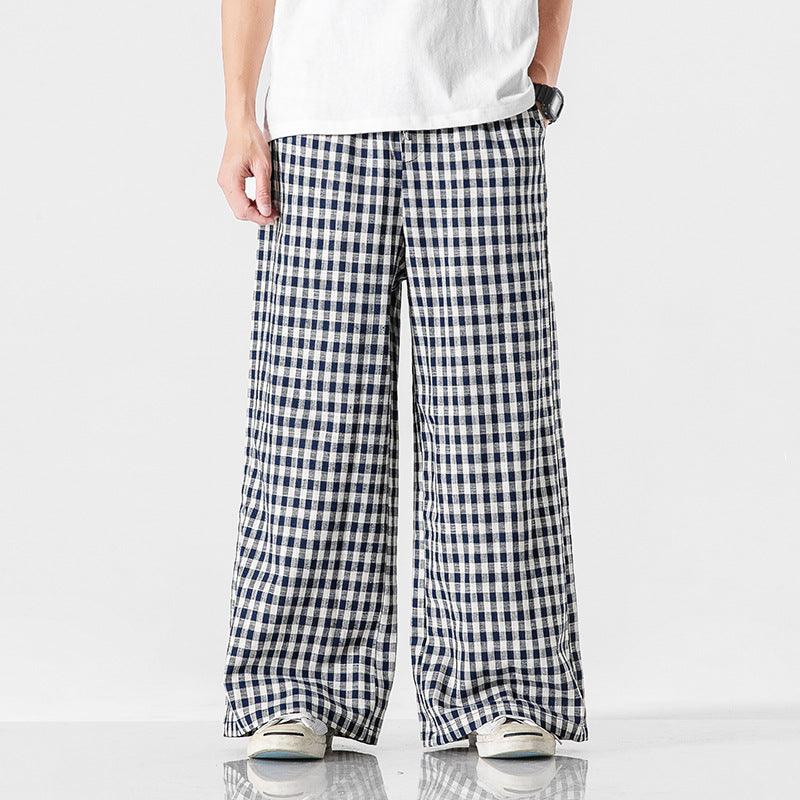 Summer Plus Size Chinese Style Cotton And Linen Plaid Baggy Pants - amazitshop