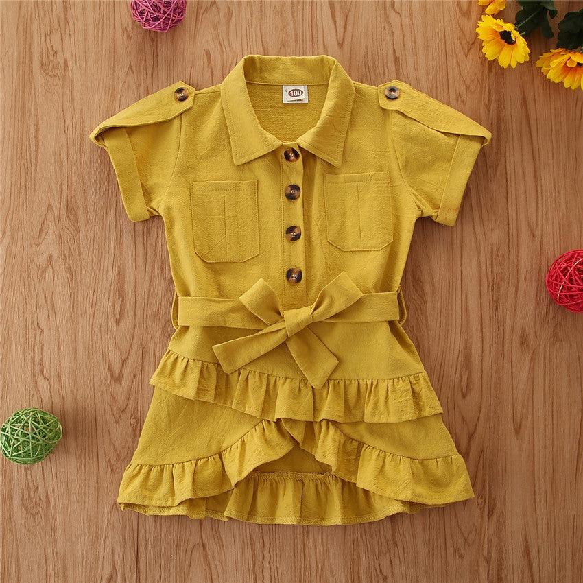 Baby Spring summer Clothing Toddler Girls Bandage Casual Dress Coat kids Ruffled Button solid dress - amazitshop