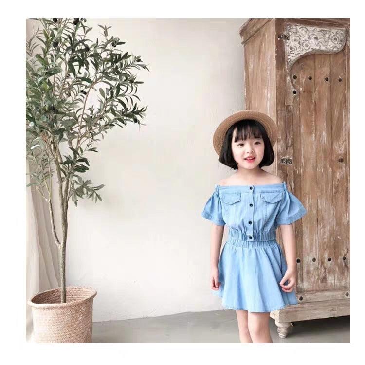 Girls Korean Version Denim Two-piece High-waisted Short-sleeved Top - amazitshop