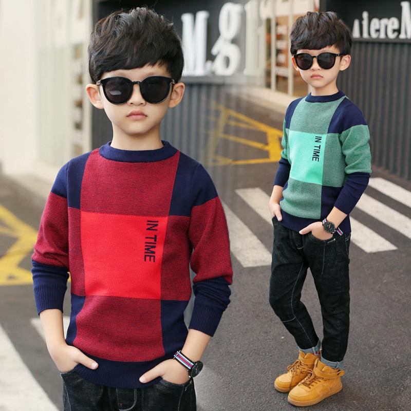 Boys' Casual Large Plaid Sweater, Medium And Large Children's Sweater - amazitshop