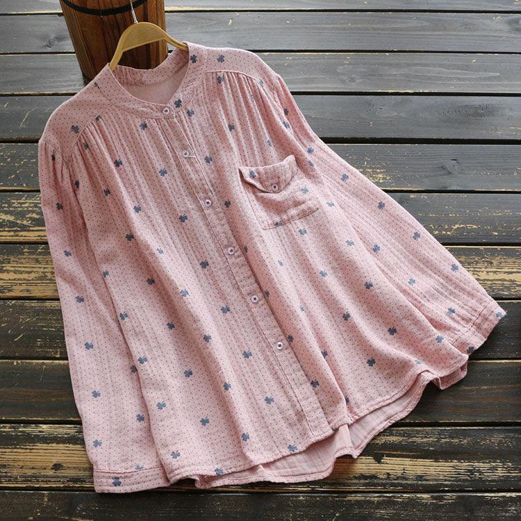 Soft Cardigan Cotton Print Shirt Long Sleeve Blouse - amazitshop