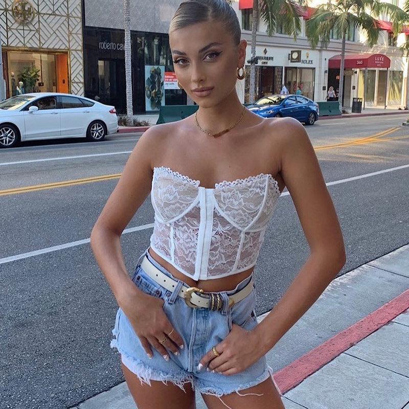 Sleeveless Hook Lace Corset Crop Top For Women Party Clubwear Tube Top 2000s Aesthetic Flower Print Tank Tops - amazitshop