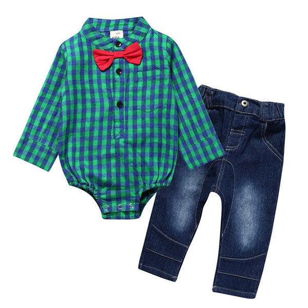 Boy Gentleman Plaid Suit Baby One-Piece Suit Bag Fart Clothes Jeans Kids Suit - amazitshop