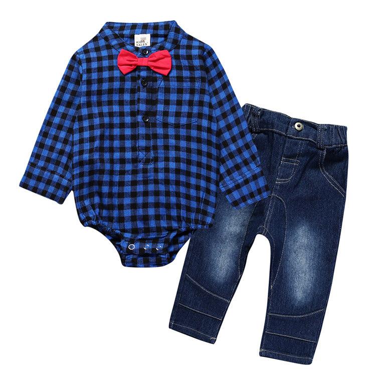 Boy Gentleman Plaid Suit Baby One-Piece Suit Bag Fart Clothes Jeans Kids Suit - amazitshop