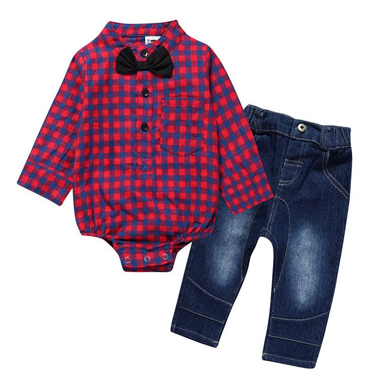 Boy Gentleman Plaid Suit Baby One-Piece Suit Bag Fart Clothes Jeans Kids Suit - amazitshop