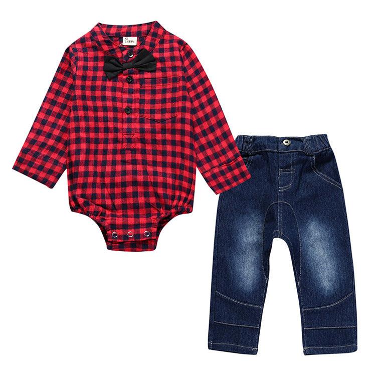 Boy Gentleman Plaid Suit Baby One-Piece Suit Bag Fart Clothes Jeans Kids Suit - amazitshop