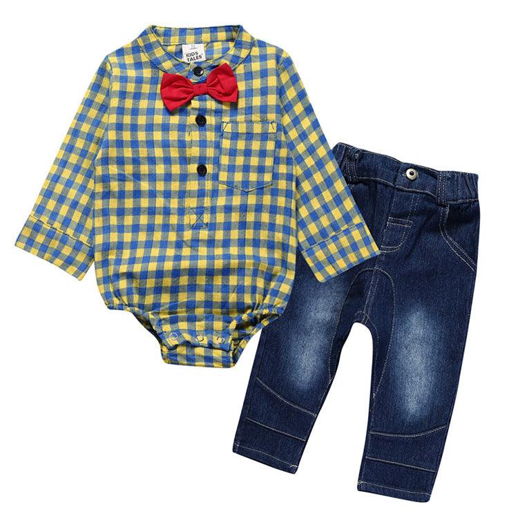 Boy Gentleman Plaid Suit Baby One-Piece Suit Bag Fart Clothes Jeans Kids Suit - amazitshop