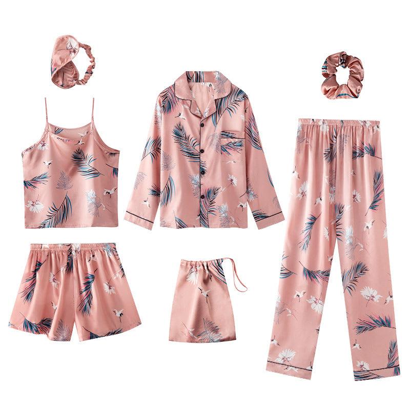 Seven-Piece Pajamas Simulation Silk Long-Sleeved Cardigan Spring And Autumn Set - amazitshop