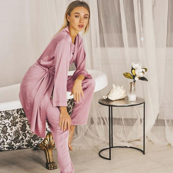 Satin Pink Simple Pajamas Suit Women Night Gown Pajamas Simulation Silk Home Service - amazitshop