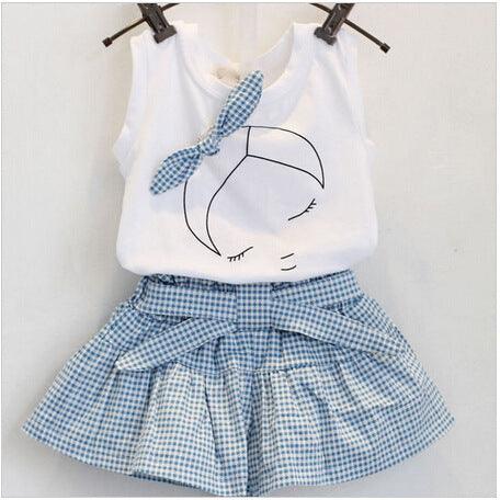 AiLe Rabbit Girls Fashion Clothes Set Short Sleeve Shirt Short Skirt 2 Piece Suits Cartoon Girl Bow Cotton Kids Clothes Set k1 - amazitshop