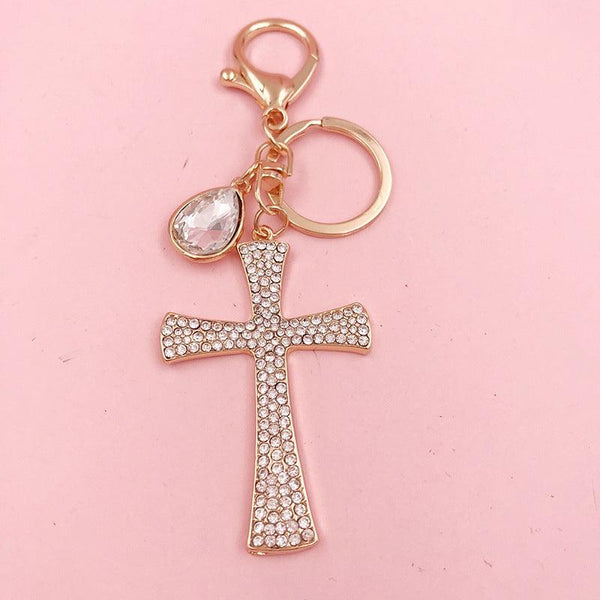 Hot Sale Christian Water Drop Diamond Cross Keychain Metal Pendant Female Bag Accessories - amazitshop