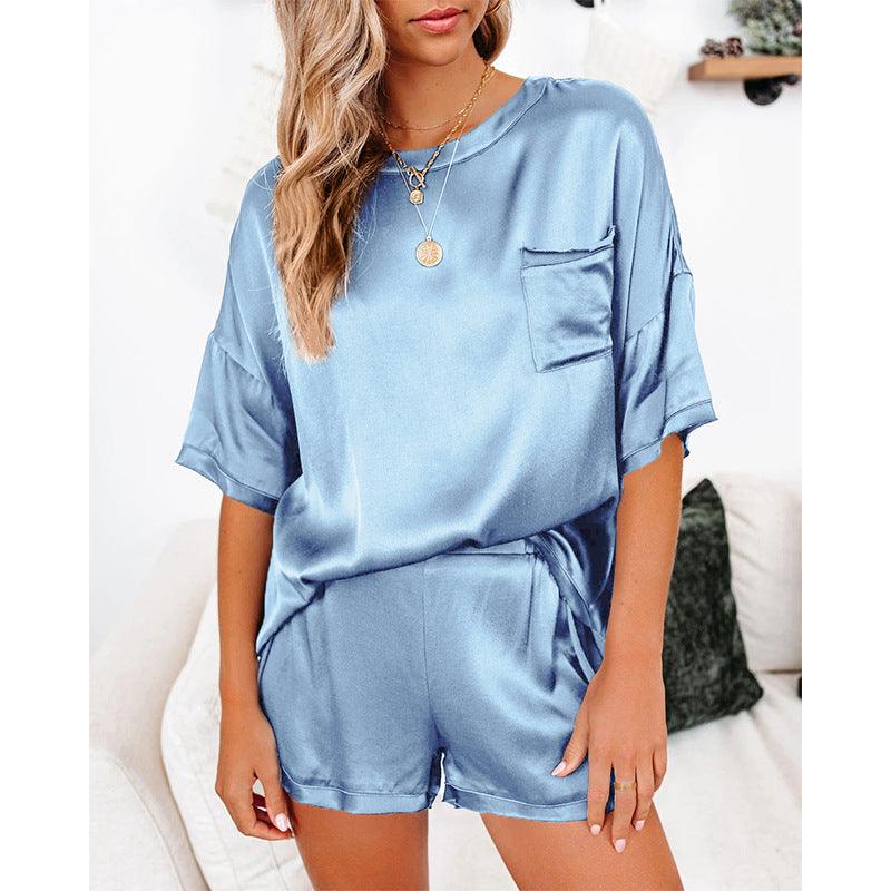 Pure Color Satin Pajamas Home Service Short-sleeved Shorts - amazitshop