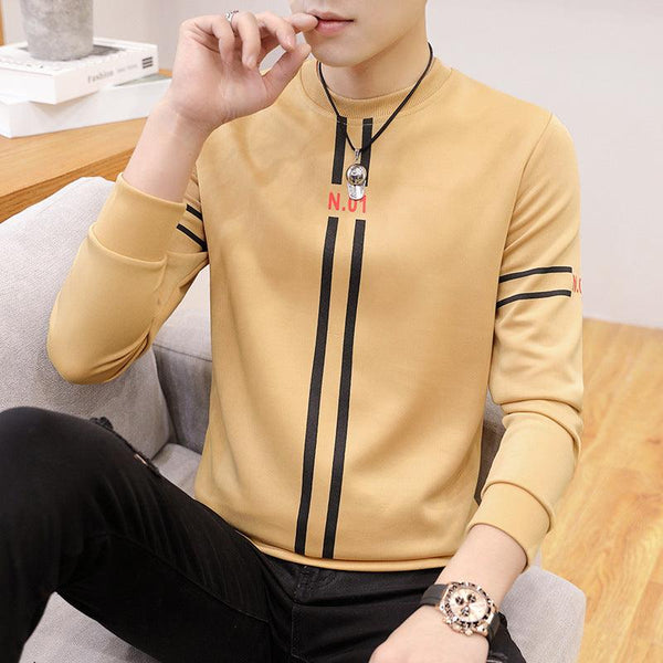 Spring and Autumn New mens printed long-sleeved T-shirt teen round neck bottom top fashion casual mens clothing - amazitshop