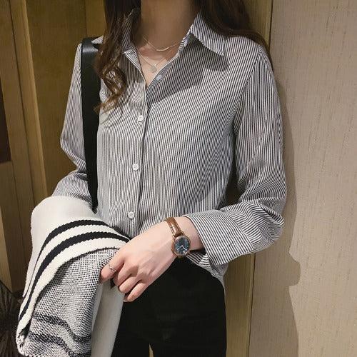 Spring Women's Korean Style New Casual Student Shirt Bottoming Shirt Fashion Loose Long-Sleeved Vertical Striped Shirt - amazitshop