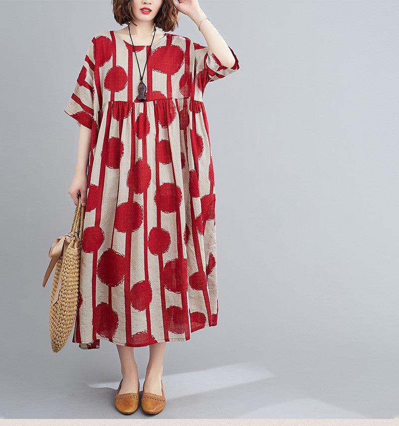 Plus Size Vintage Polka Dot Simmer Dress Cotton Casual Ladies Dresses for Women 4XL 5XL 6XL Robe Femme Red Long Dress - amazitshop