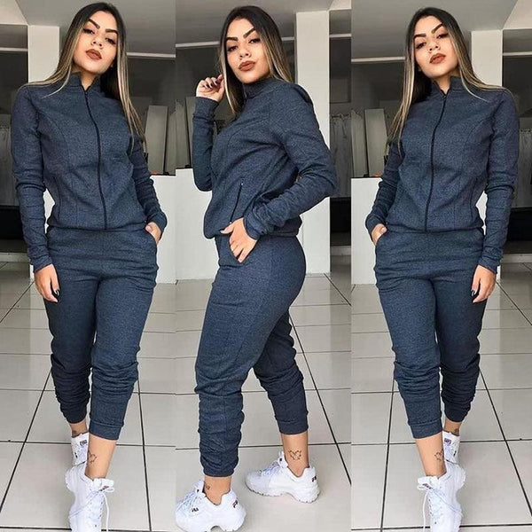 Womens Solid Color Long Sleeve Pants Suit Motion Twinset Two Pieces Fitness Clothing Casual Suit Two-piece Sets - amazitshop