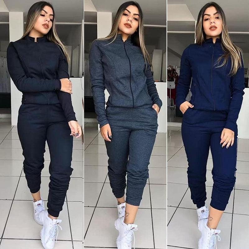 Womens Solid Color Long Sleeve Pants Suit Motion Twinset Two Pieces Fitness Clothing Casual Suit Two-piece Sets - amazitshop