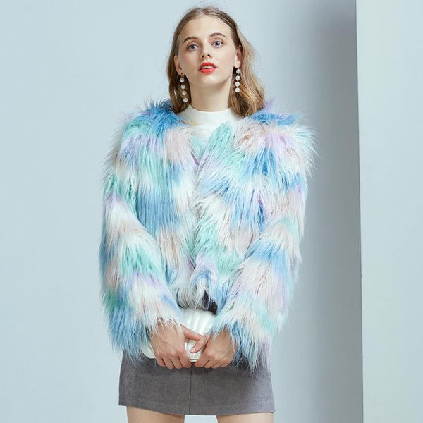 Fashion Streetwear Cardigans Outerwears Womens Ladies Warm Faux Fur Coat Jacket Winter Gradient Color - amazitshop