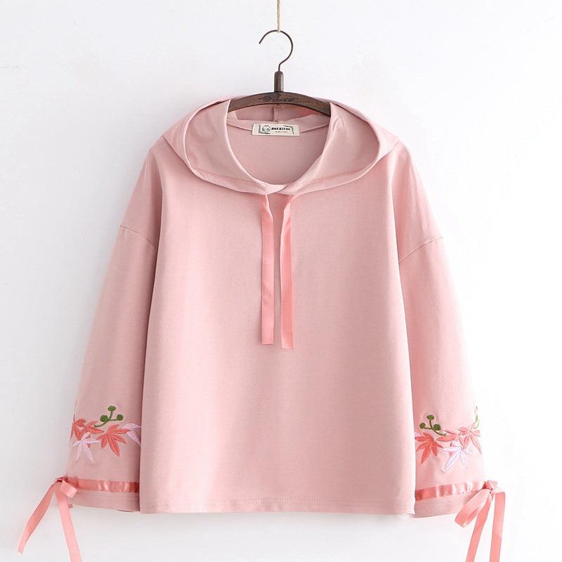 Merry Pretty Women's Floral Embroidery Hooded Tracksuits Winter Flare Sleeve Lace Up Hoodies Sweatshirts Casual Pullovers - amazitshop