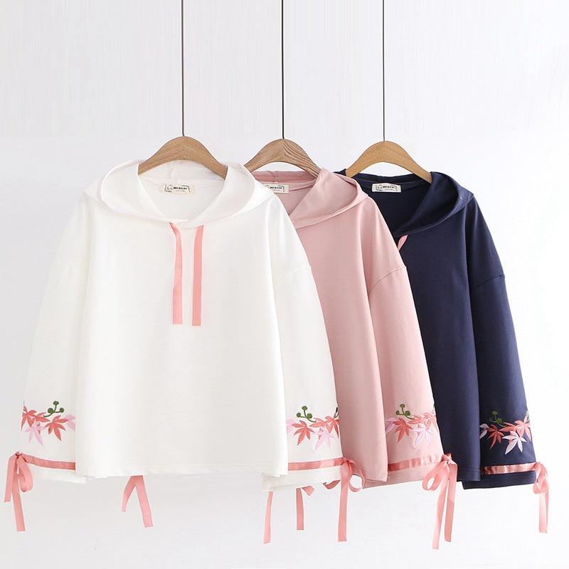 Merry Pretty Women's Floral Embroidery Hooded Tracksuits Winter Flare Sleeve Lace Up Hoodies Sweatshirts Casual Pullovers - amazitshop