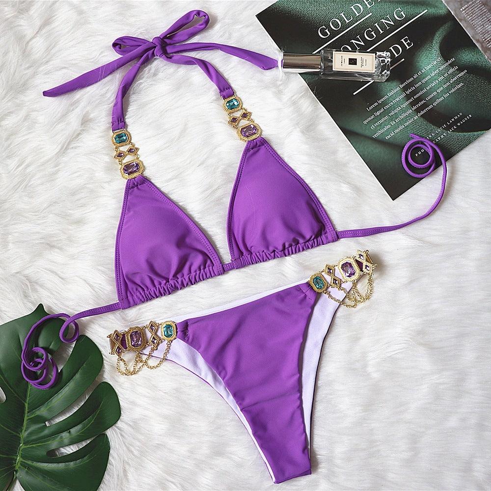 New Sexy Purple Halter Crystal Diamond Bikini Female Swimsuit Women Swimwear Rhinestone Bikini - amazitshop