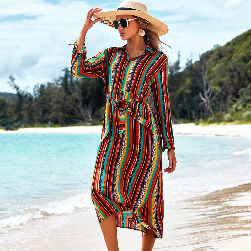 Cover The Flesh And Show The Thin Color Striped Beach Skirt Seaside Vacation Long-Sleeved Sun Protection Clothing Long Shirt Swimsuit Coverall Jacket - amazitshop