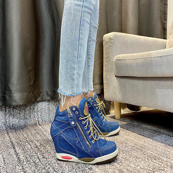 Casual Denim Lace-Up Booties Increase In Height - amazitshop