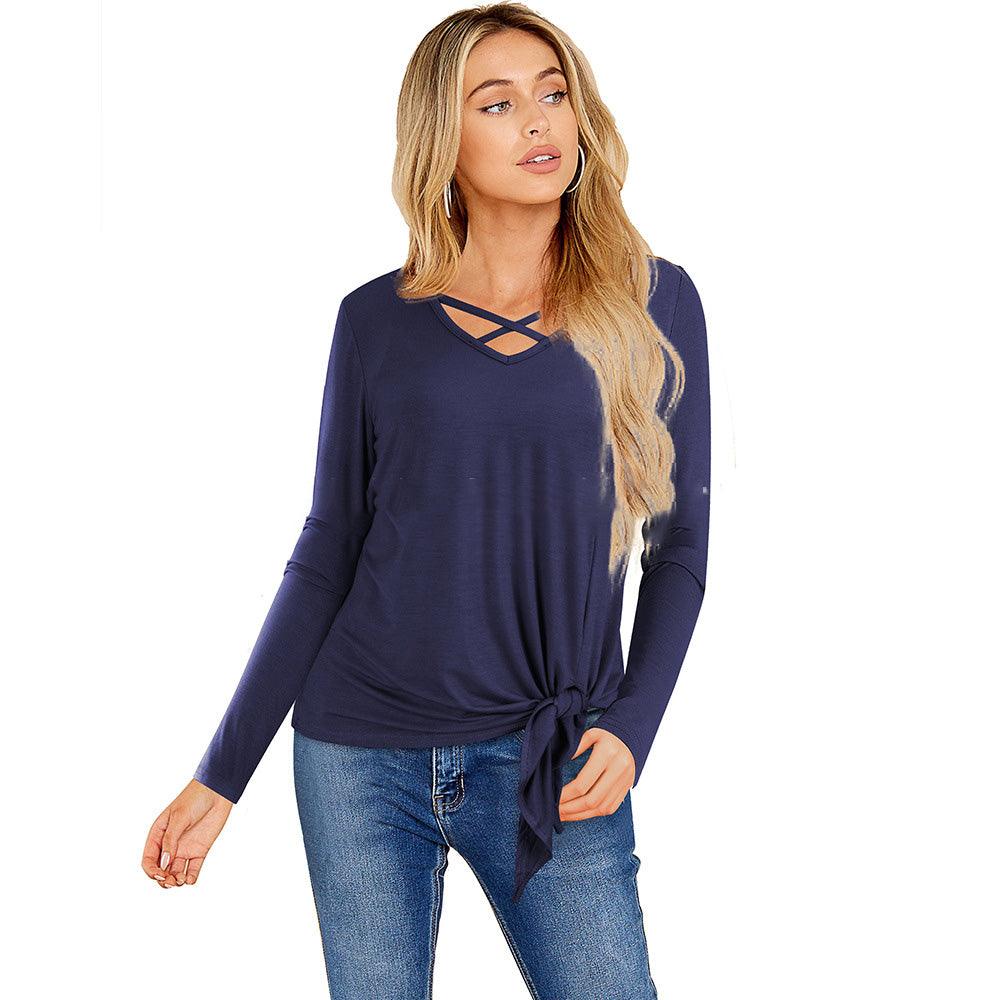 Nice-Forever Winter Women Pure Color Bandage Casual T-Shirts Loose Shift Female Tees Tops T057 - amazitshop