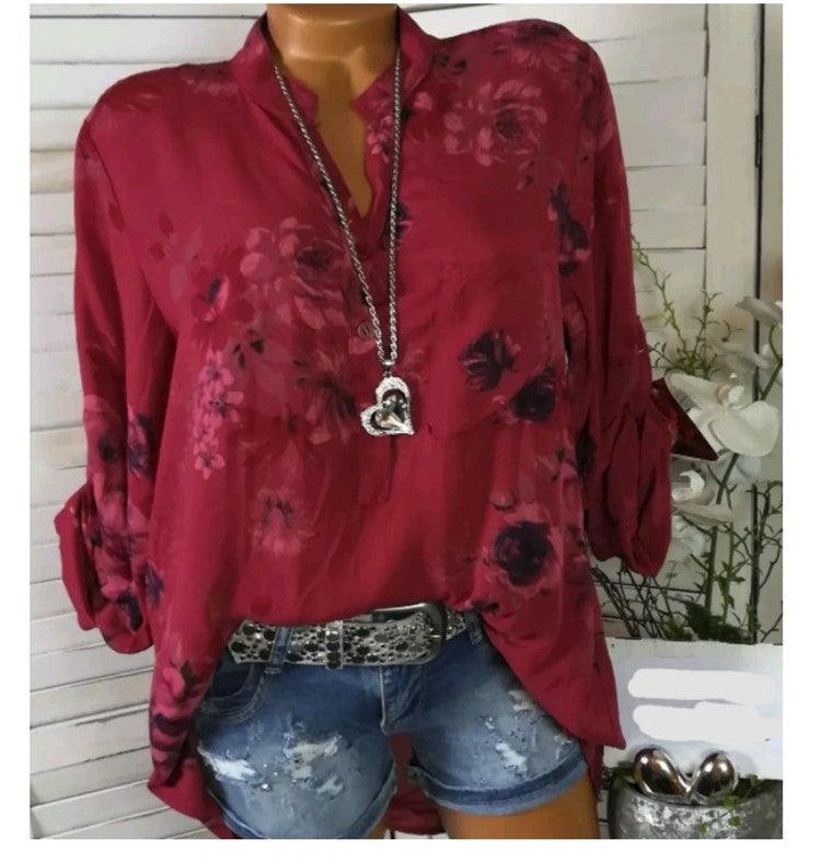 Plus Size Summer Tops Women Blouses Long Sleeve Print Stand Collar Button Blouse Pullover Women Clothing Shirt - amazitshop